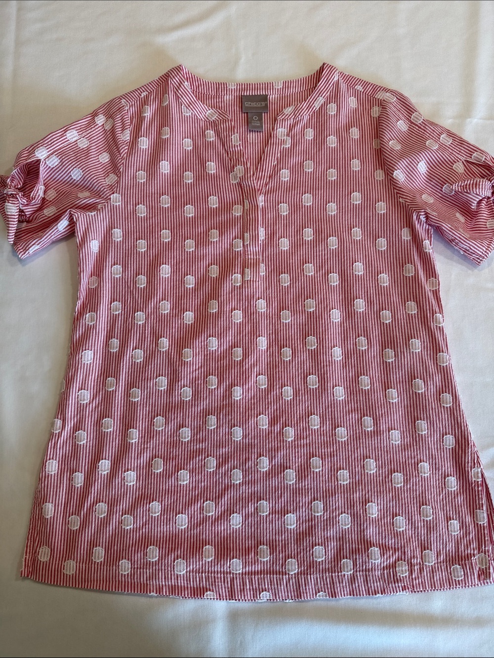 Chico's Red White Striped Polka Dot Popover Blouse Side Tie Short Sleeve Size 0 - Picture 2 of 9